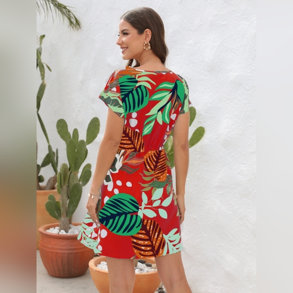 Drawstring Printed V-Neck Mini Dress - Picture 3 of 5